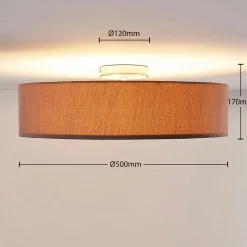 Lindby plafondlamp Sebatin, Ø 50 cm, lichtbruin, stof, E27