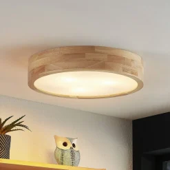 Lindby plafondlamp Tanju, Ø 40 cm, 3-lamps, eikenhout, E27