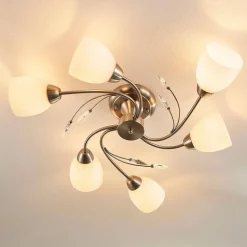 Lindby plafondlamp Tatas, Ø 64 cm, nikkel, 6-lamps, glas