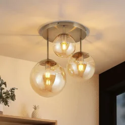 Lindby plafondlamp Teeja, amber, 3-lamps, Ø47cm, glas, E27