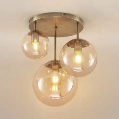 Lindby plafondlamp Teeja, amber, 3-lamps, Ø47cm, glas, E27