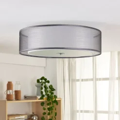 Lindby plafondlamp Tobia, grijs, textiel, Ø 50 cm, E27