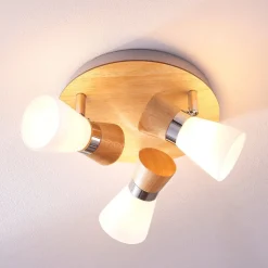 Lindby plafondlamp Vivica, Ø 26 cm, chroom, glas, hout