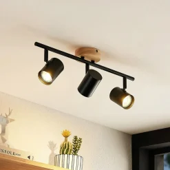 Lindby plafondlamp Xiomara, 3-lamps, 68 cm lang, hout