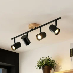 Lindby plafondlamp Xiomara, 4-lamps, 68 cm lang, hout