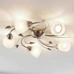Lindby plafondlamp Yannie, 5-lamps, 60cm, nikkel/wit, glas