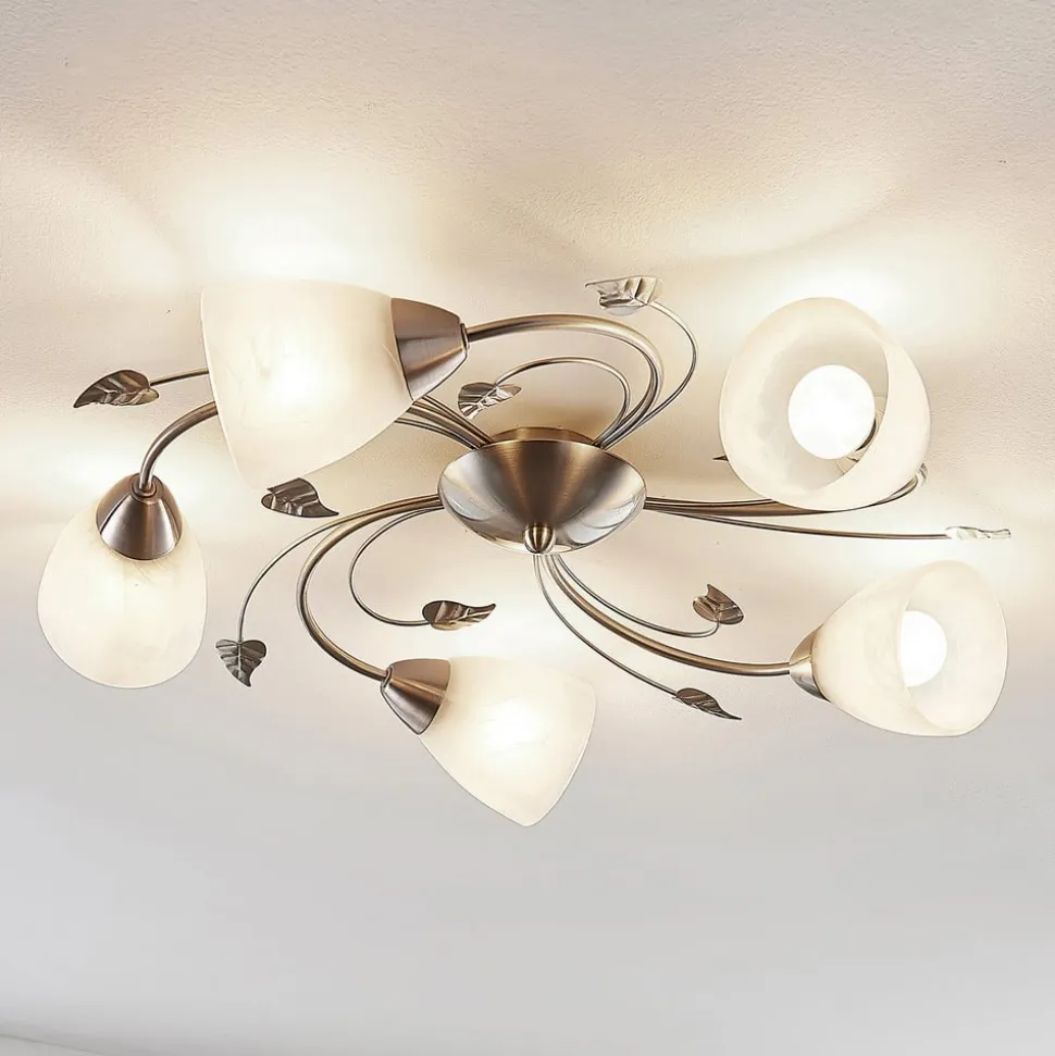 Lindby plafondlamp Yannie, 5-lamps, 60cm, nikkel/wit, glas