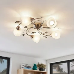 Lindby plafondlamp Yannie, 5-lamps, 60cm, nikkel/wit, glas