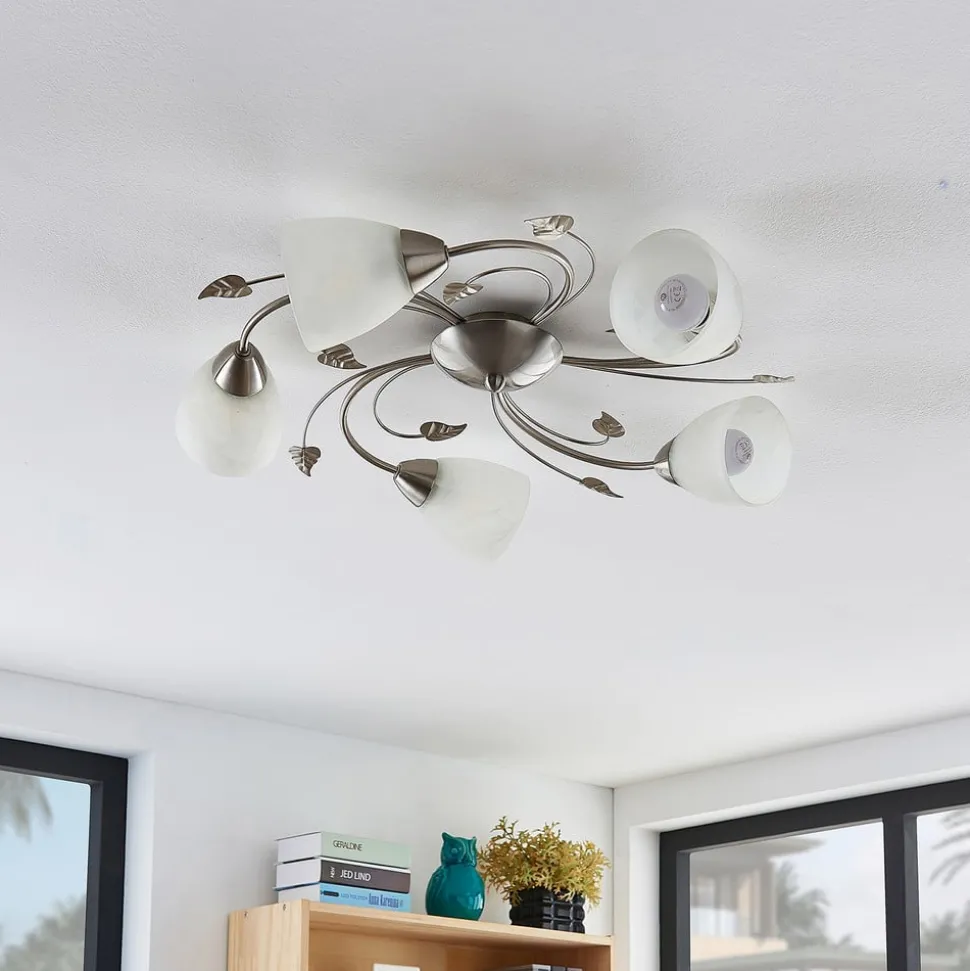 Lindby plafondlamp Yannie, 5-lamps, 60cm, nikkel/wit, glas