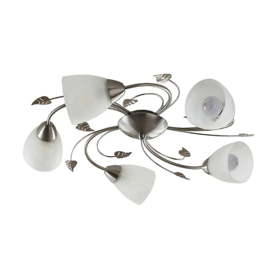 Lindby plafondlamp Yannie, 5-lamps, 60cm, nikkel/wit, glas