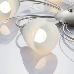 Lindby plafondlamp Yannie, 5-lamps, 60cm, nikkel/wit, glas