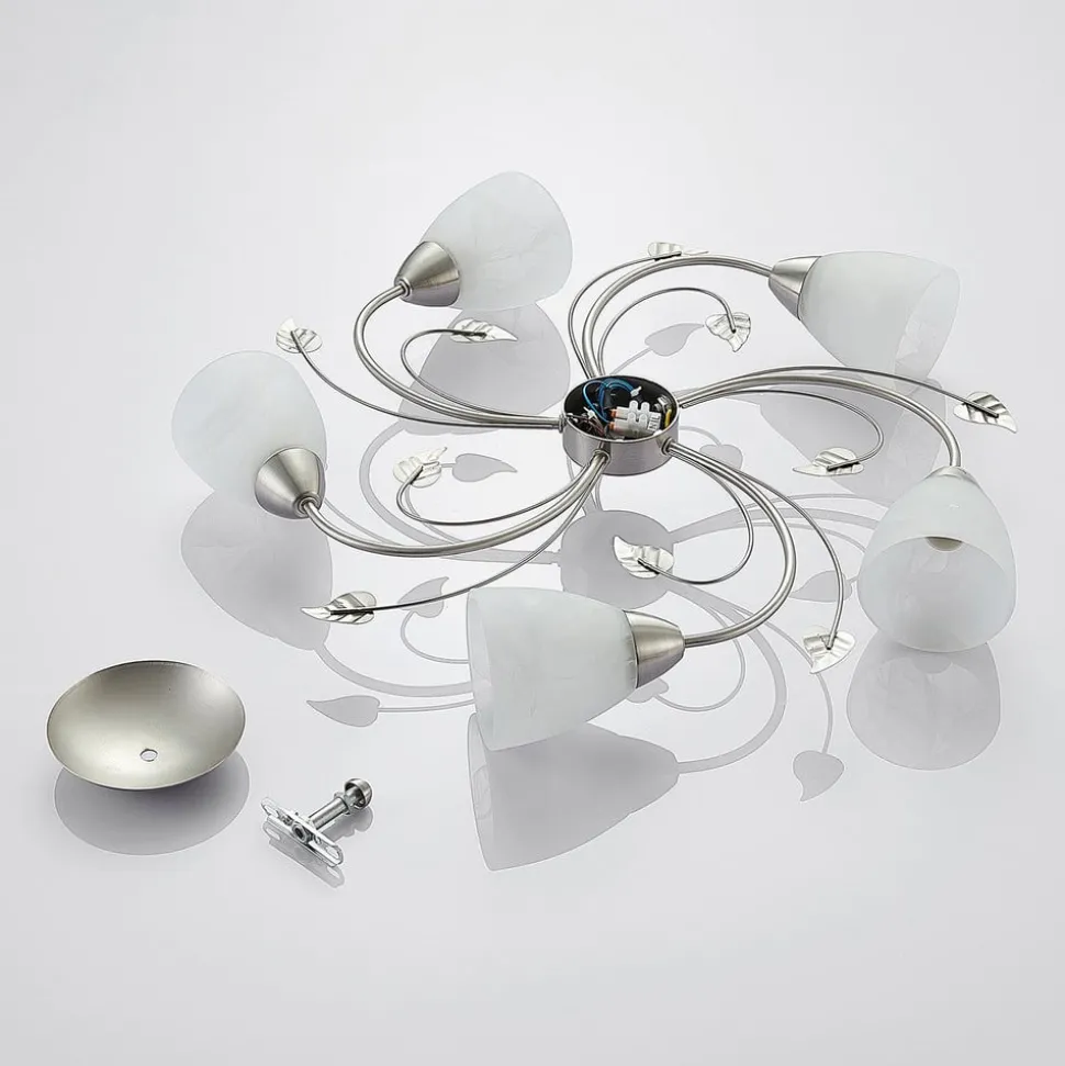 Lindby plafondlamp Yannie, 5-lamps, 60cm, nikkel/wit, glas