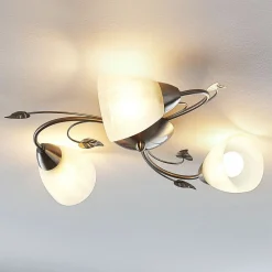 Lindby plafondlamp Yannie, 3-lamps, 50cm, nikkel/wit, glas