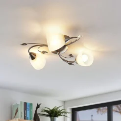 Lindby plafondlamp Yannie, 3-lamps, 50cm, nikkel/wit, glas