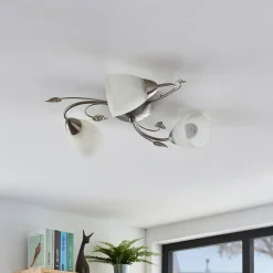 Lindby plafondlamp Yannie, 3-lamps, 50cm, nikkel/wit, glas