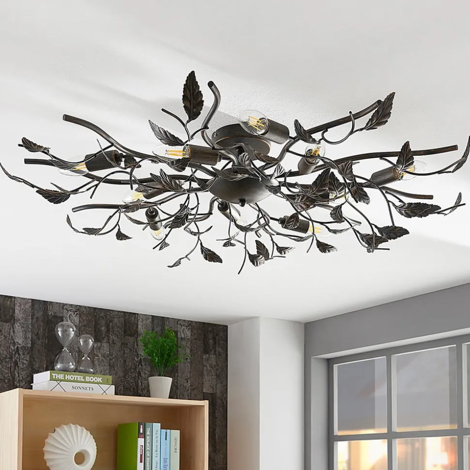 Lindby plafondlamp Yos, 10-lamps, 95 cm, zwart-koper, E14