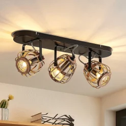 Lindby plafondspot Bominio, 54 cm, 3-lamps, hout, rotan