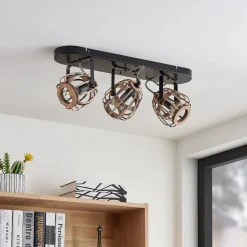 Lindby plafondspot Bominio, 54 cm, 3-lamps, hout, rotan