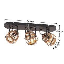Lindby plafondspot Bominio, 54 cm, 3-lamps, hout, rotan
