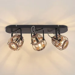 Lindby plafondspot Bominio, 54 cm, 3-lamps, hout, rotan
