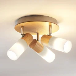 Lindby plafondspot Christoph, 20 cm, 3-lamps, hout, rondel