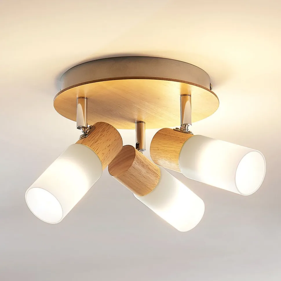 Lindby plafondspot Christoph, 20 cm, 3-lamps, hout, rondel