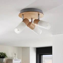 Lindby plafondspot Christoph, 20 cm, 3-lamps, hout, rondel