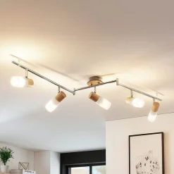 Lindby plafondspot Christoph, 130 cm, 4-lamps, hout, glas