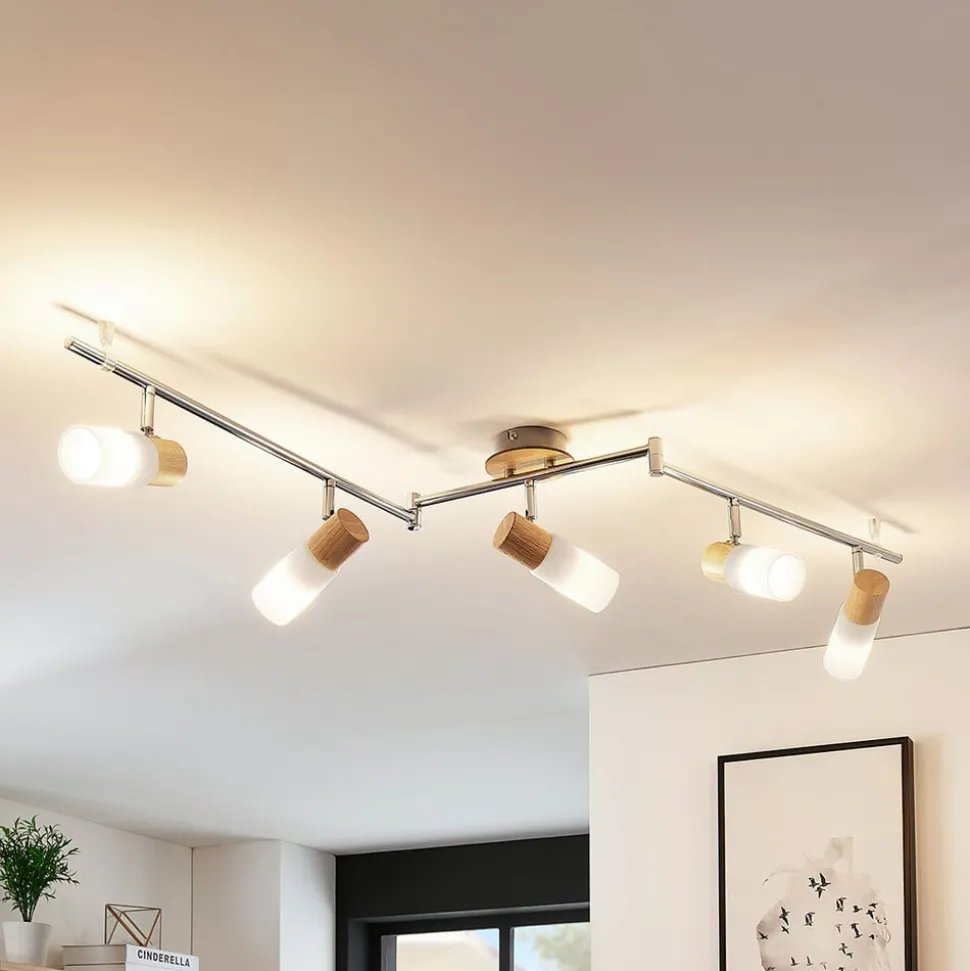 Lindby plafondspot Christoph, 130 cm, 4-lamps, hout, glas