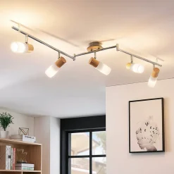 Lindby plafondspot Christoph, 130 cm, 4-lamps, hout, glas