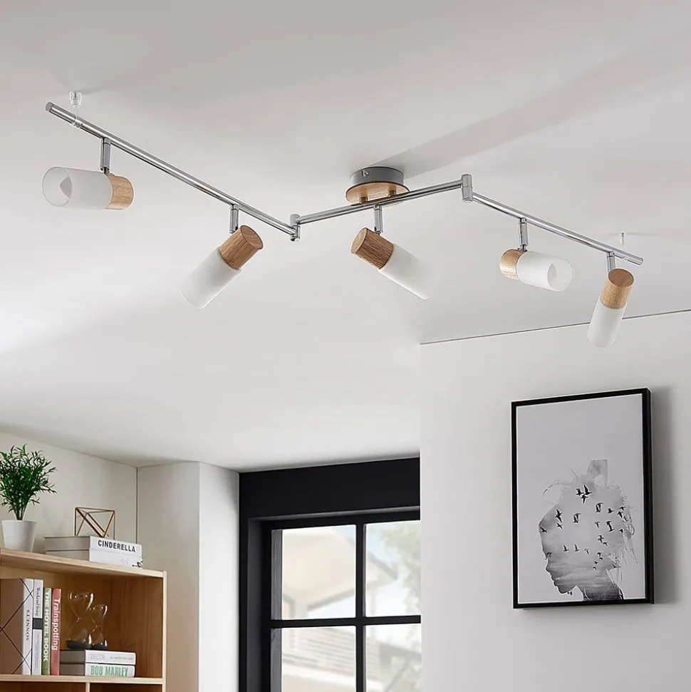 Lindby plafondspot Christoph, 130 cm, 4-lamps, hout, glas