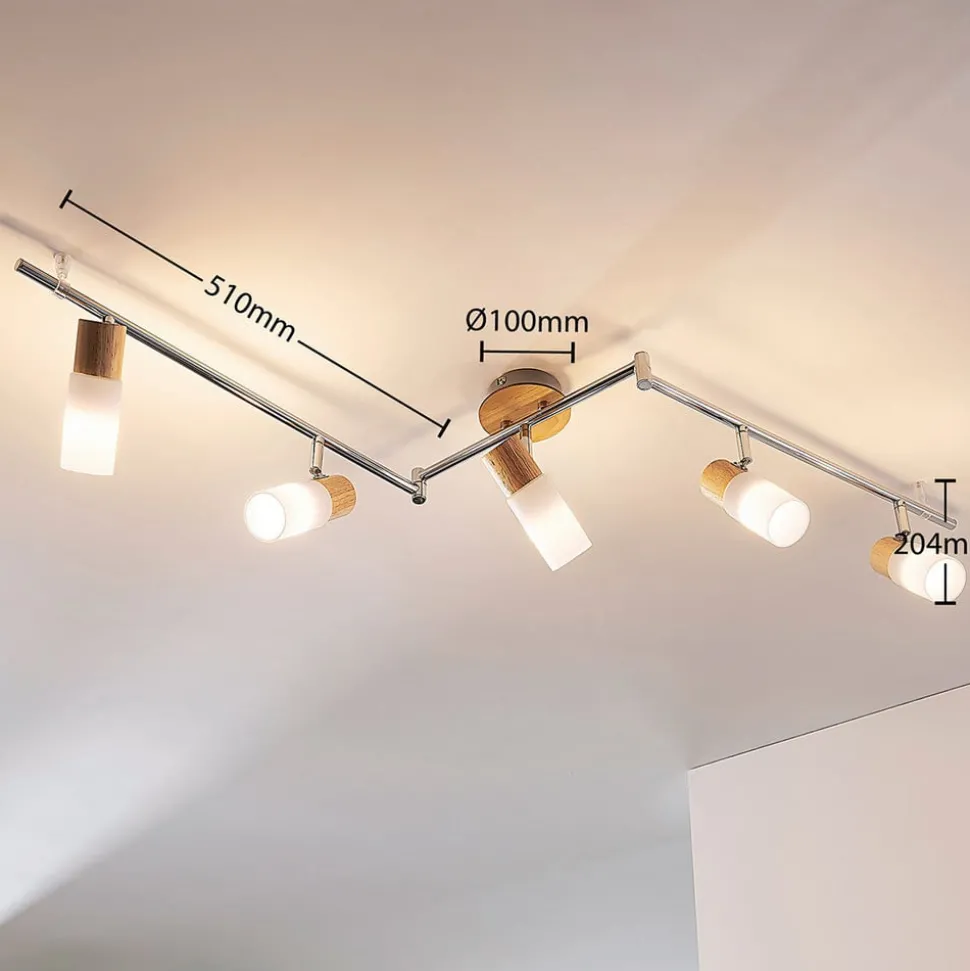 Lindby plafondspot Christoph, 130 cm, 4-lamps, hout, glas