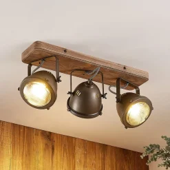 Lindby plafondspot Farovi, zwart, 44 cm, 3-lamps, hout, GU10