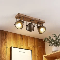 Lindby plafondspot Farovi, zwart, 44 cm, 3-lamps, hout, GU10