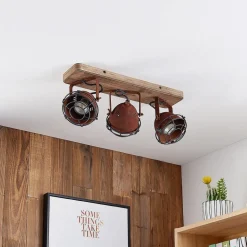 Lindby plafondspot Farovi, roest, 45 cm, 3-lamps, hout, GU10