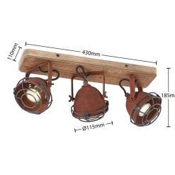 Lindby plafondspot Farovi, roest, 45 cm, 3-lamps, hout, GU10