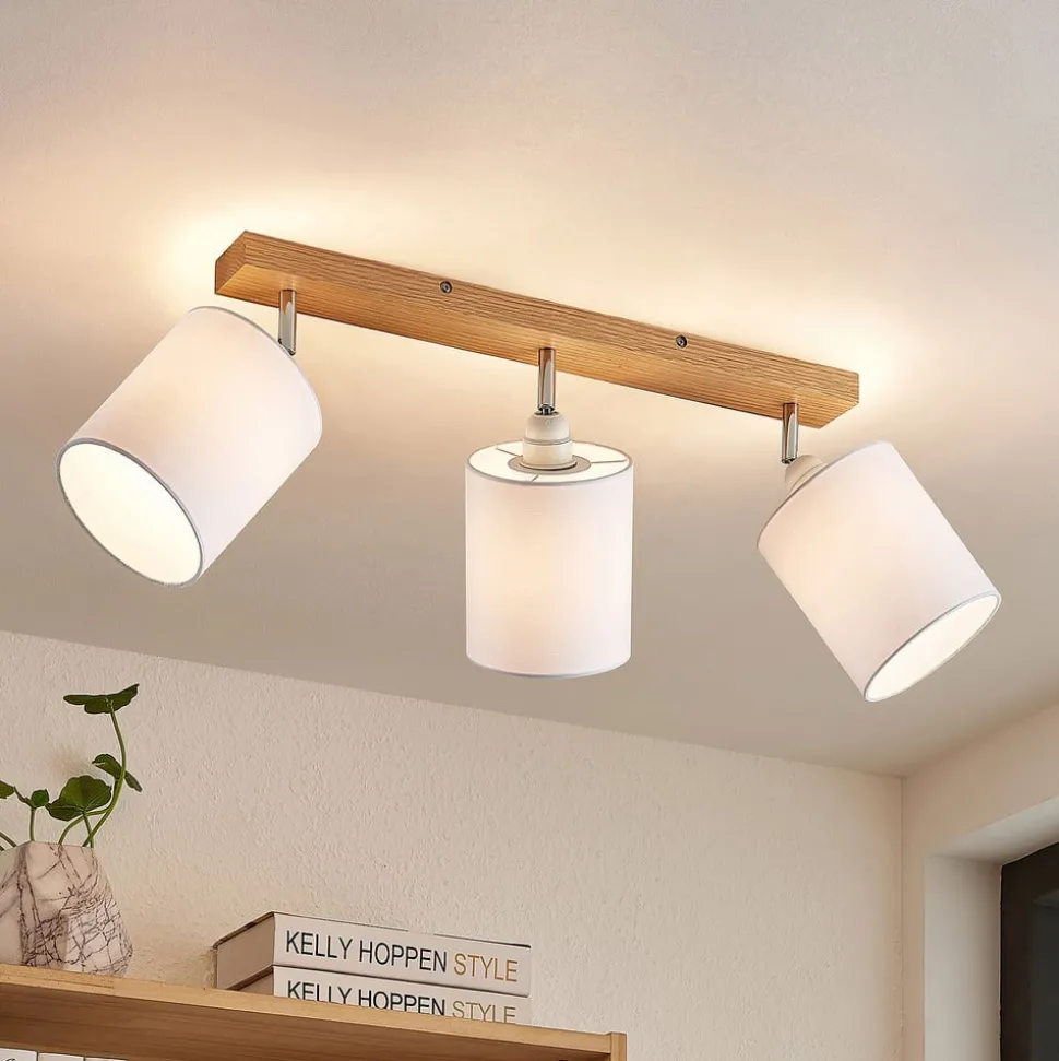 Lindby plafondspot Imarin, 56 cm, 3-lamps, wit, hout