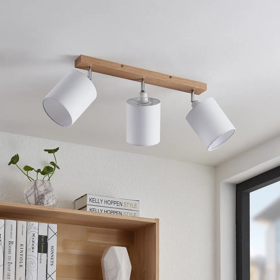 Lindby plafondspot Imarin, 56 cm, 3-lamps, wit, hout