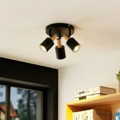 Lindby plafondspot Junes, 3-lamps, Ø 30 cm, zwart, hout