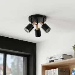Lindby plafondspot Junes, 3-lamps, Ø 30 cm, zwart, hout