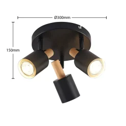 Lindby plafondspot Junes, 3-lamps, Ø 30 cm, zwart, hout
