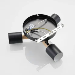 Lindby plafondspot Junes, 3-lamps, Ø 30 cm, zwart, hout