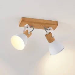 Lindby plafondspot Merela, wit, 28 cm, 2-lamps, hout, E14