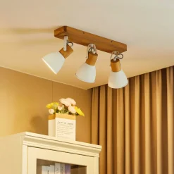 Lindby plafondspot Merela, wit, 45 cm, 3-lamps, hout, E14