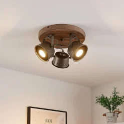 Lindby plafondspot Rubinjo, Ø 31 cm, 3-lamps, hout, GU10