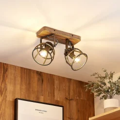 Lindby plafondspot Rutger, 36cm, 2-lamps, hout, kooi, E14