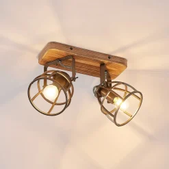 Lindby plafondspot Rutger, 36cm, 2-lamps, hout, kooi, E14