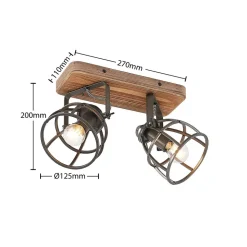 Lindby plafondspot Rutger, 36cm, 2-lamps, hout, kooi, E14