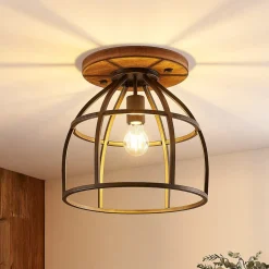 Lindby plafondspot Rutger, Ø 34 cm, hout, kooi, E27