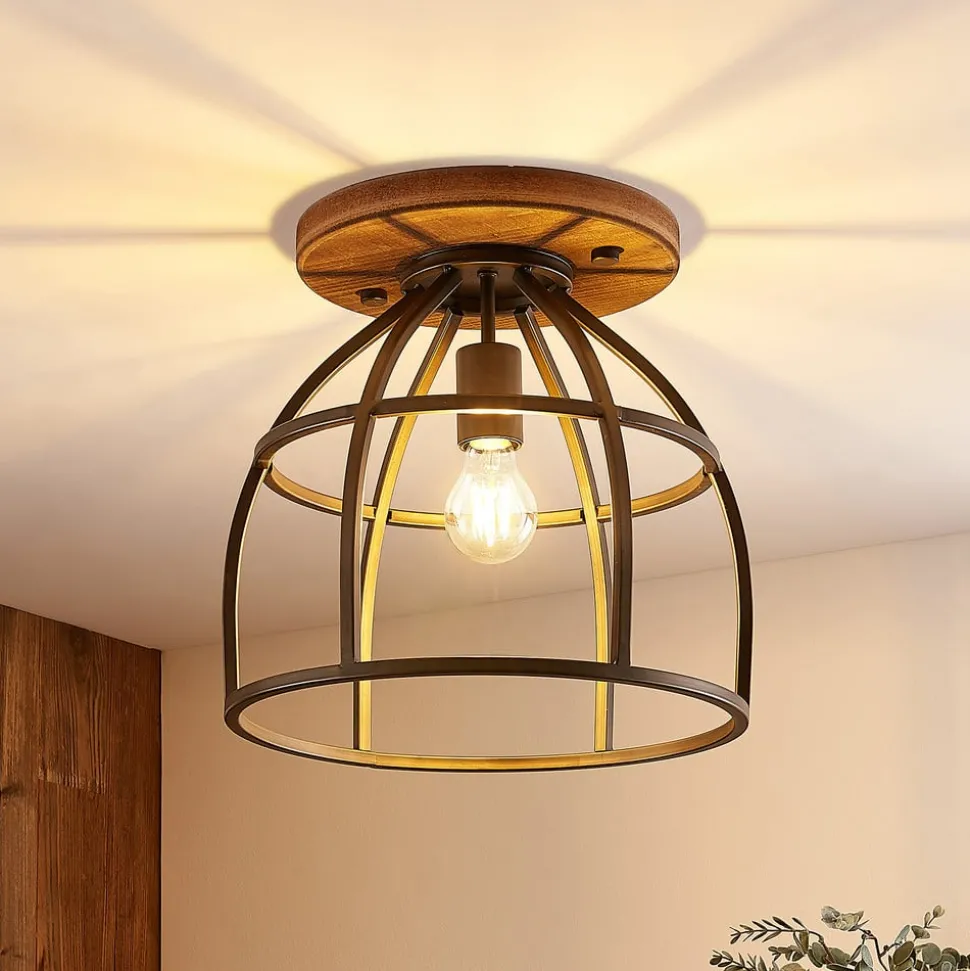 Lindby plafondspot Rutger, Ø 34 cm, hout, kooi, E27